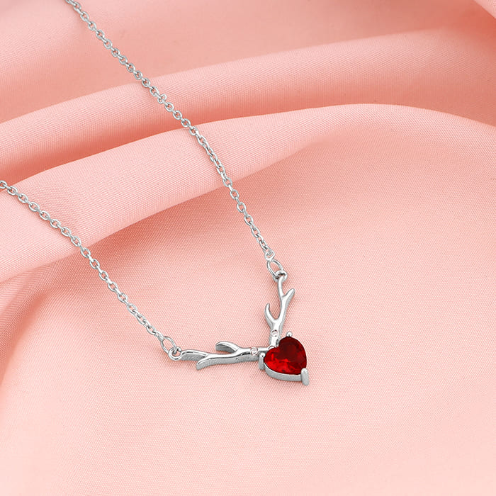 Women's Silver Deer Heart in Red Pendant Chain