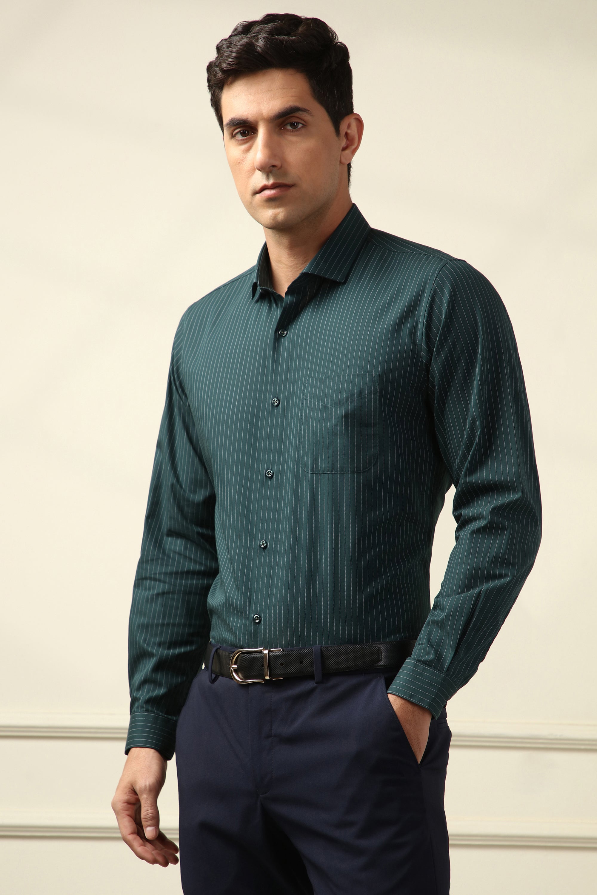 Men's Green Office Wear Full Sleeves Shirt