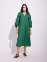 Women's Green Casual Solid Three Quarter Sleeves Below Knee Dress