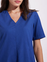 Women's Blue Casual Solid Half Sleeves Below Knee Dress