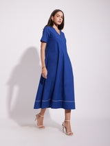 Women's Blue Casual Solid Half Sleeves Below Knee Dress