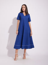Women's Blue Casual Solid Half Sleeves Below Knee Dress