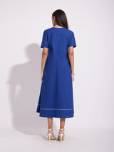 Women's Blue Casual Solid Half Sleeves Below Knee Dress