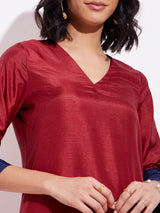 Women's Red Festive Three Quarter Sleeve Regular Sleeve Kurta Set