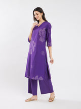 Women's Purple Daily Three Quarter Sleeve Regular Sleeve Kurta Set