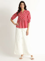 Women's Red Casual Printed Three Quarter Sleeves Regular Top