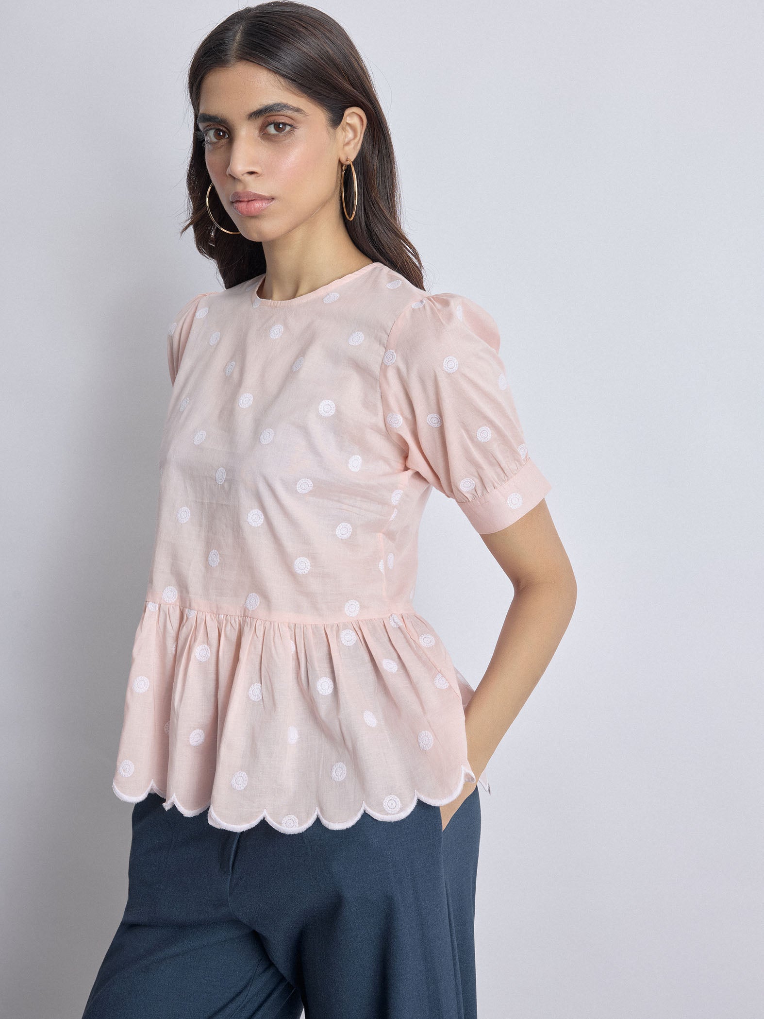 Women's Blush Embroidered Peplum Top