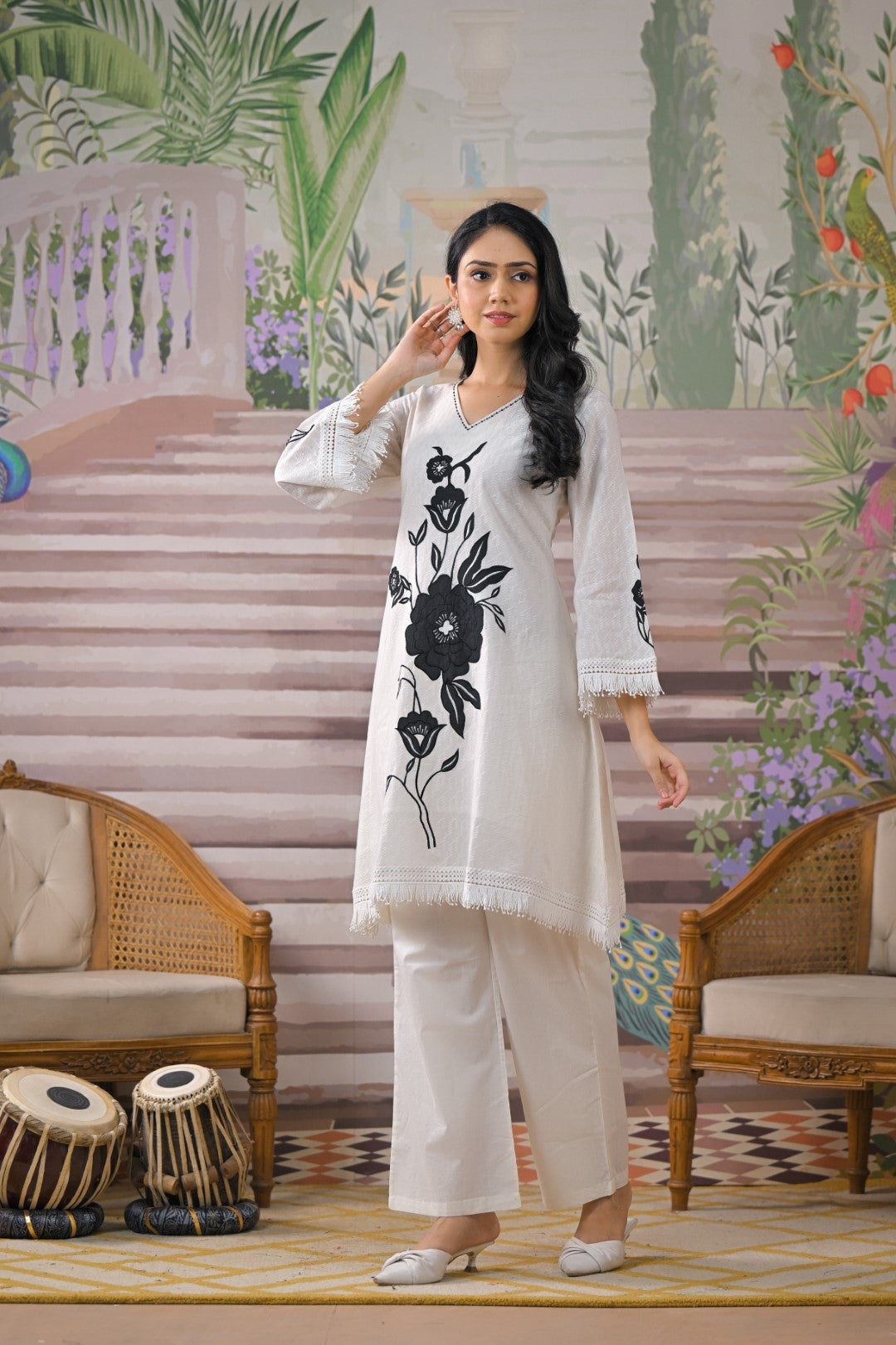 Women's White Work Regular Fit Embroidered Three Quarter Sleeves Co-Ord Sets