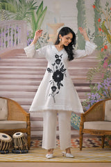 Women's White Work Regular Fit Embroidered Three Quarter Sleeves Co-Ord Sets