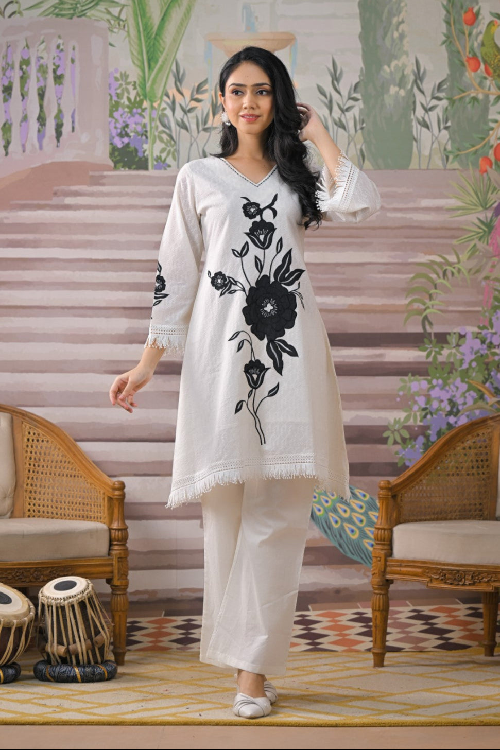 Women's White Work Regular Fit Embroidered Three Quarter Sleeves Co-Ord Sets