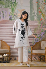 Women's White Work Regular Fit Embroidered Three Quarter Sleeves Co-Ord Sets