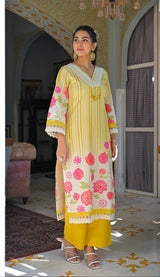 Women's Yellow Fusion Regular Fit Printed Full Sleeves Kurtas Sets