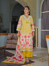 Women's Yellow Fusion Regular Fit Printed Full Sleeves Kurtas Sets
