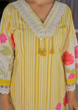 Women's Yellow Fusion Regular Fit Printed Full Sleeves Kurtas Sets