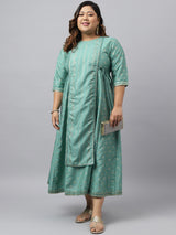 Women's Green Silk Blend Foil Print Flared Ethnic Dress