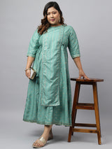Women's Green Silk Blend Foil Print Flared Ethnic Dress