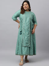Women's Green Silk Blend Foil Print Flared Ethnic Dress