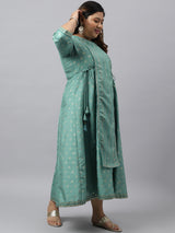 Women's Green Silk Blend Foil Print Flared Ethnic Dress