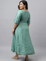 Women's Green Silk Blend Foil Print Flared Ethnic Dress