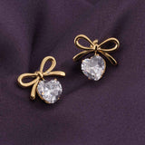 Women's Gold Plated Zircon & Bow Stud Earrings Waterproof & Anti-Tarnish