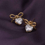 Women's Gold Plated Zircon & Bow Stud Earrings Waterproof & Anti-Tarnish