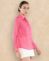Women's Pink Casual Full Sleeves Top