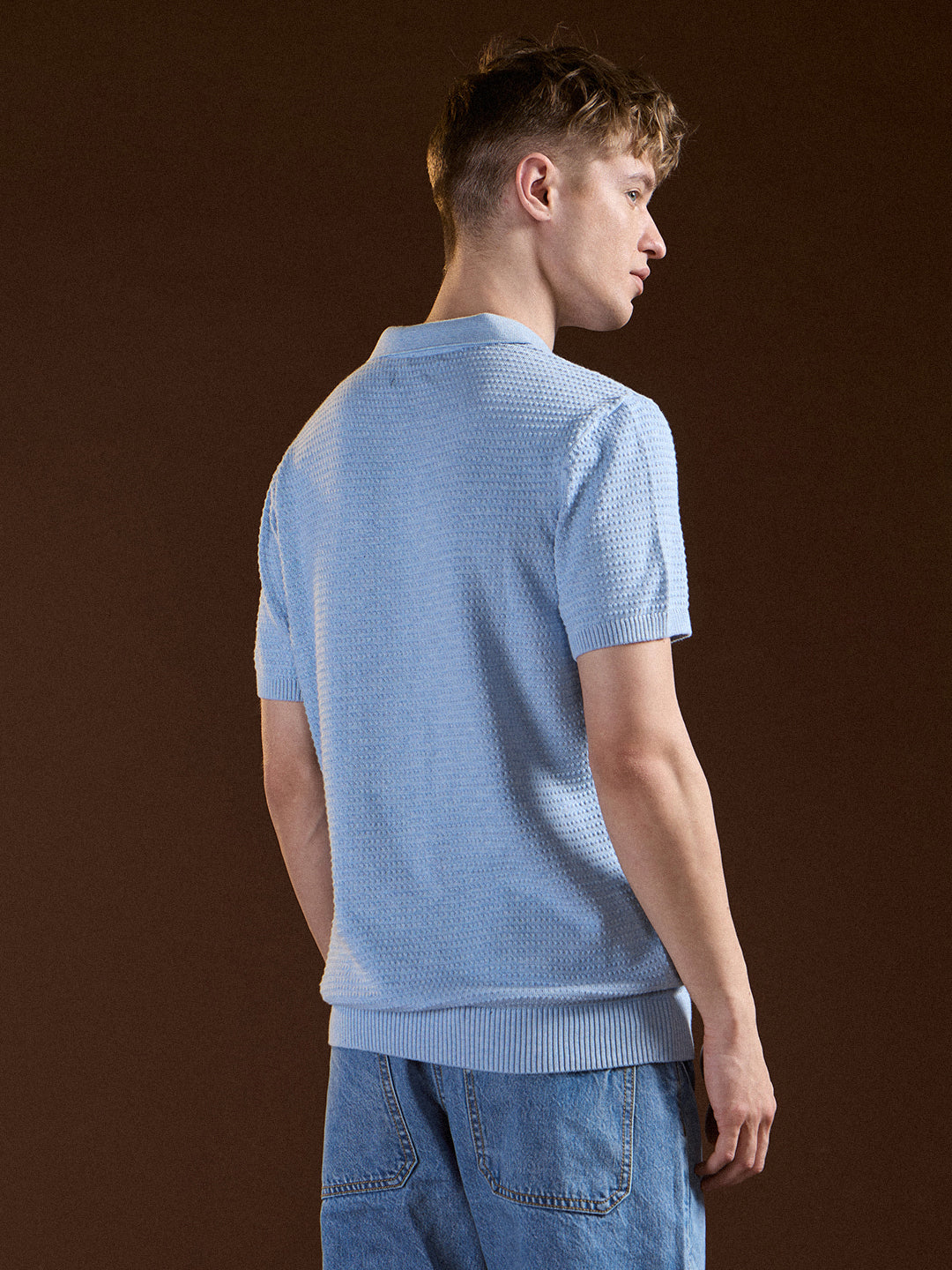 Men's Blue Textured Slim Fit V-Notch Style Polo Tshirt