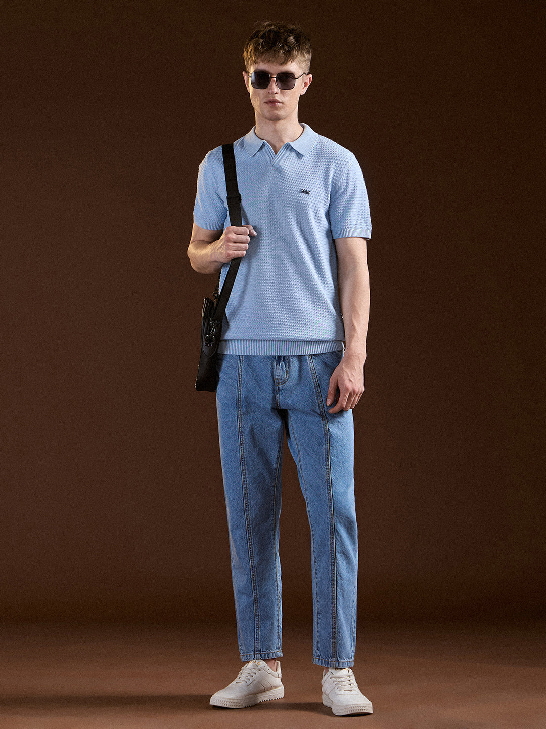 Men's Blue Textured Slim Fit V-Notch Style Polo Tshirt