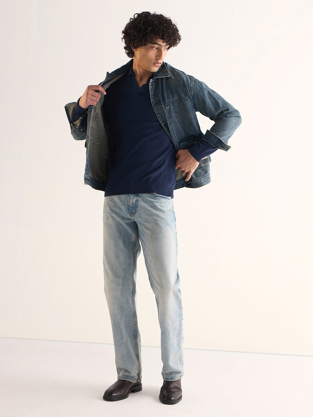 Men's Blue Casual Slim Fit Solid Full Sleeves Polo Tshirt