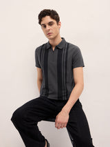 Men's Grey Casual Regular Fit Striped Half Sleeves Polo Tshirt