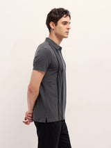 Men's Grey Casual Regular Fit Striped Half Sleeves Polo Tshirt