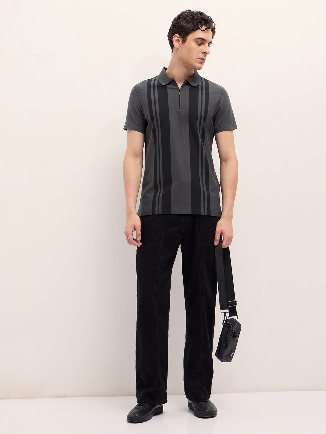 Men's Grey Casual Regular Fit Striped Half Sleeves Polo Tshirt