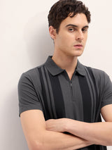 Men's Grey Casual Regular Fit Striped Half Sleeves Polo Tshirt
