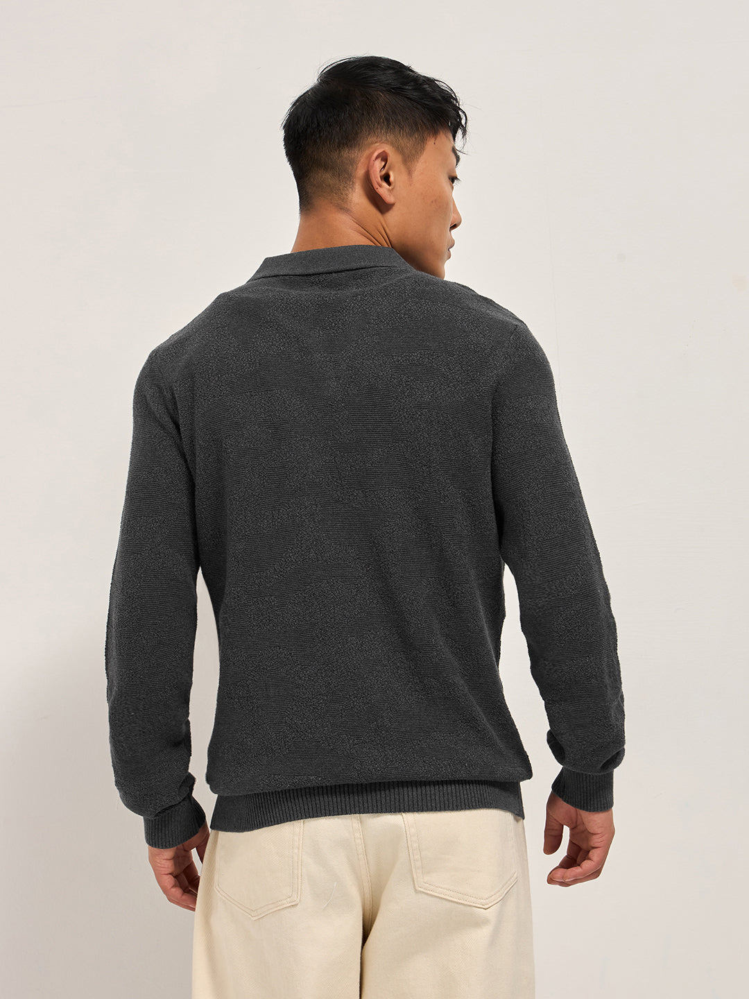 Men's Grey Casual Slim Fit Solid Full Sleeves Polo Tshirt