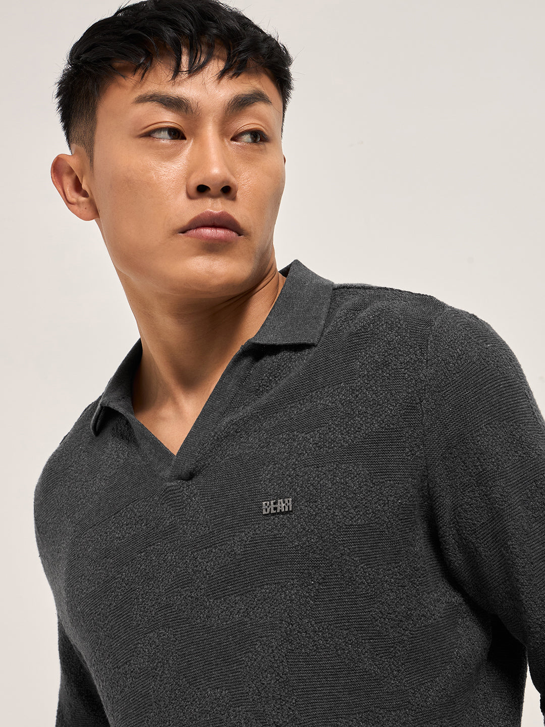 Men's Grey Casual Slim Fit Solid Full Sleeves Polo Tshirt