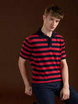 Men's Red Casual Slim Fit Striped Half Sleeves Polo Tshirt