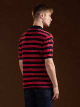 Men's Red Casual Slim Fit Striped Half Sleeves Polo Tshirt