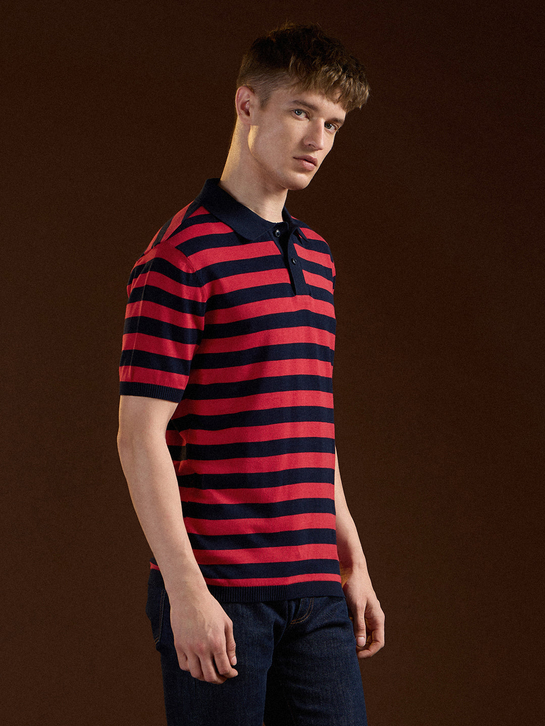 Men's Red Casual Slim Fit Striped Half Sleeves Polo Tshirt