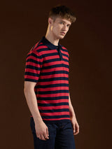 Men's Red Casual Slim Fit Striped Half Sleeves Polo Tshirt