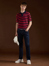 Men's Red Casual Slim Fit Striped Half Sleeves Polo Tshirt