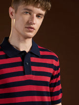 Men's Red Casual Slim Fit Striped Half Sleeves Polo Tshirt