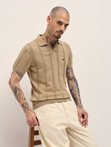 Men's Beige Casual Slim Fit Solid Half Sleeves Polo Tshirt