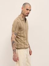 Men's Beige Casual Slim Fit Solid Half Sleeves Polo Tshirt