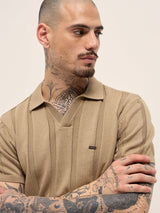 Men's Beige Casual Slim Fit Solid Half Sleeves Polo Tshirt