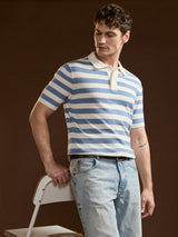 Men's White Casual Slim Fit Striped Half Sleeves Polo Tshirt