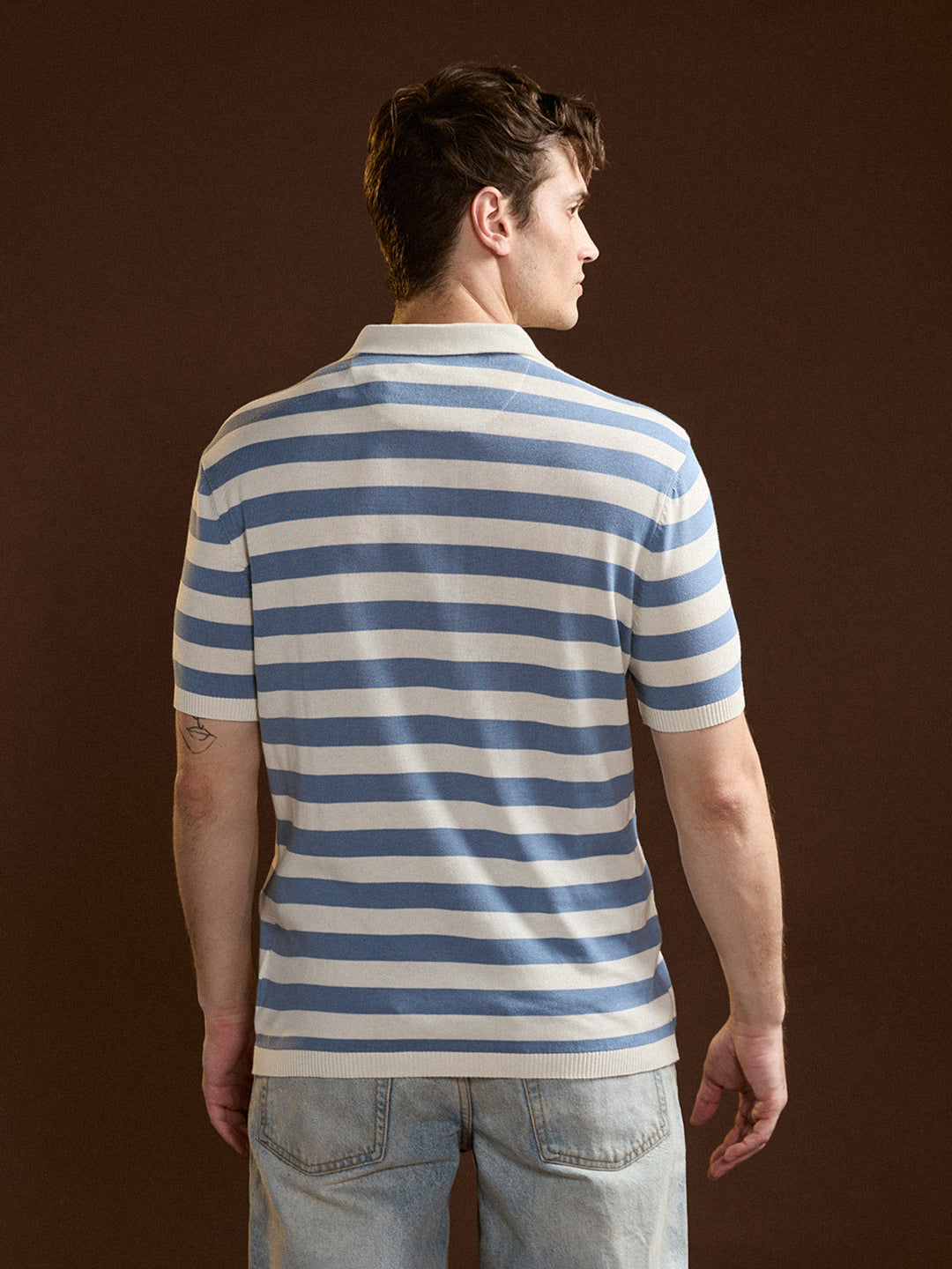 Men's White Casual Slim Fit Striped Half Sleeves Polo Tshirt