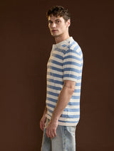 Men's White Casual Slim Fit Striped Half Sleeves Polo Tshirt