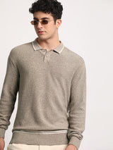 Men's Brown Casual Regular Fit Solid Full Sleeves Polo Tshirt
