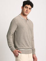 Men's Brown Casual Regular Fit Solid Full Sleeves Polo Tshirt