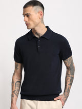 Men's Blue Casual Regular Fit Solid Half Sleeves Polo Tshirt
